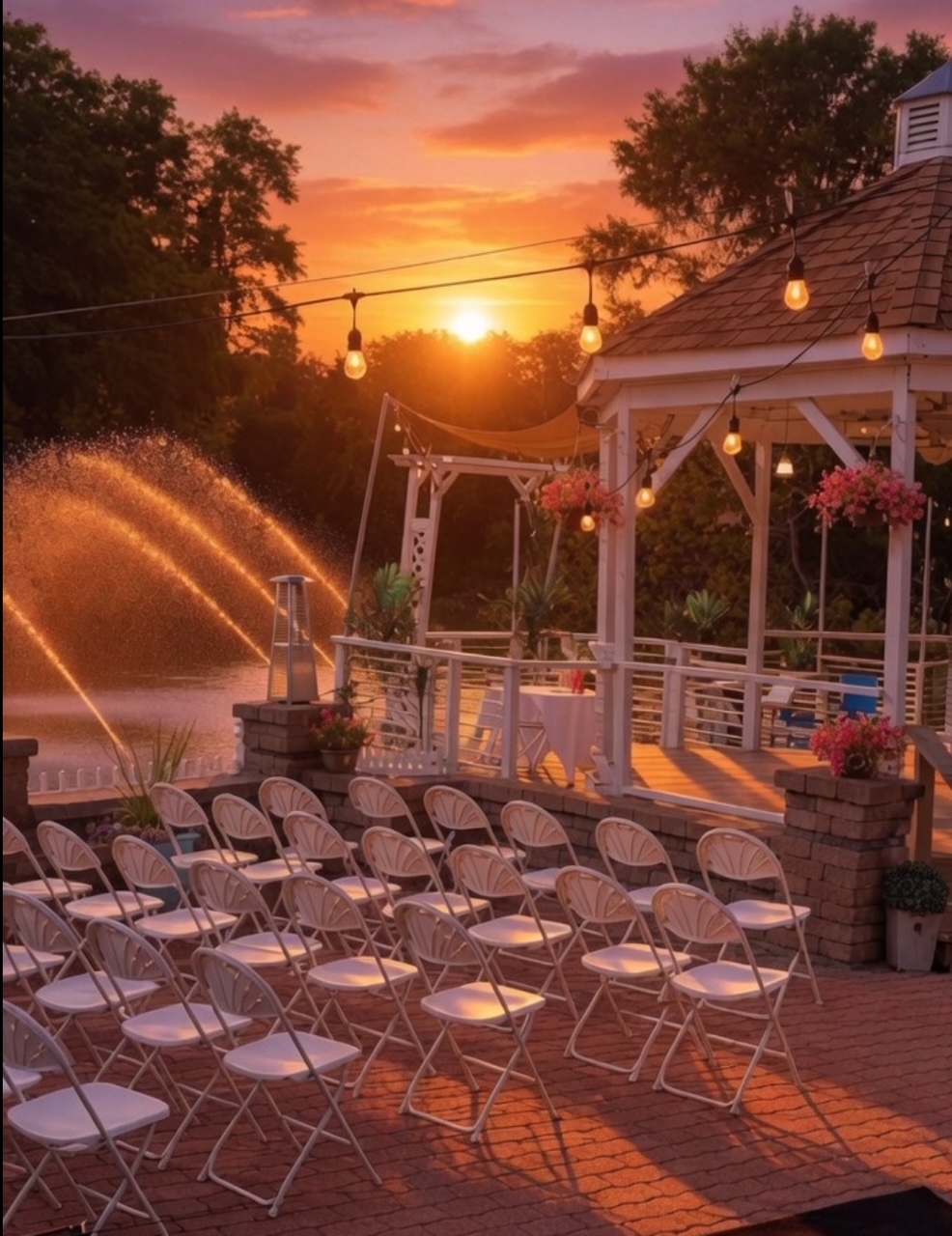 Outdoor ceremony setup at sunset with gazebo and string lights